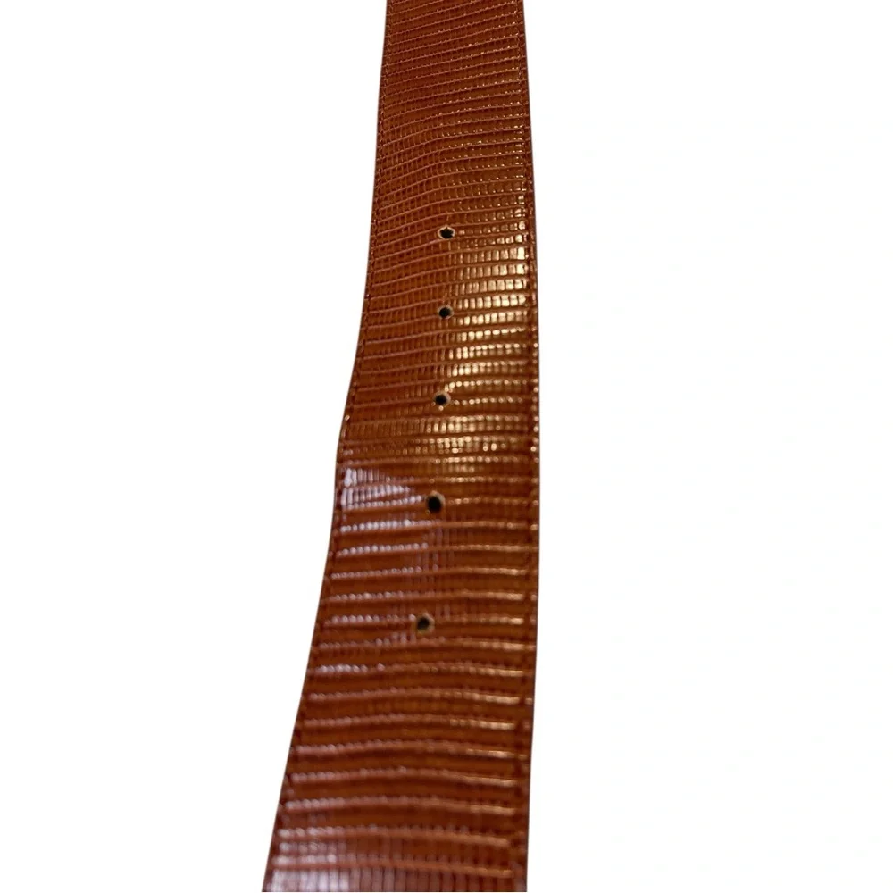 Brand Unkn‎ - Belt w/Gold Buckle, Wide Brown Lizard-Embossed Faux leather Sz 6